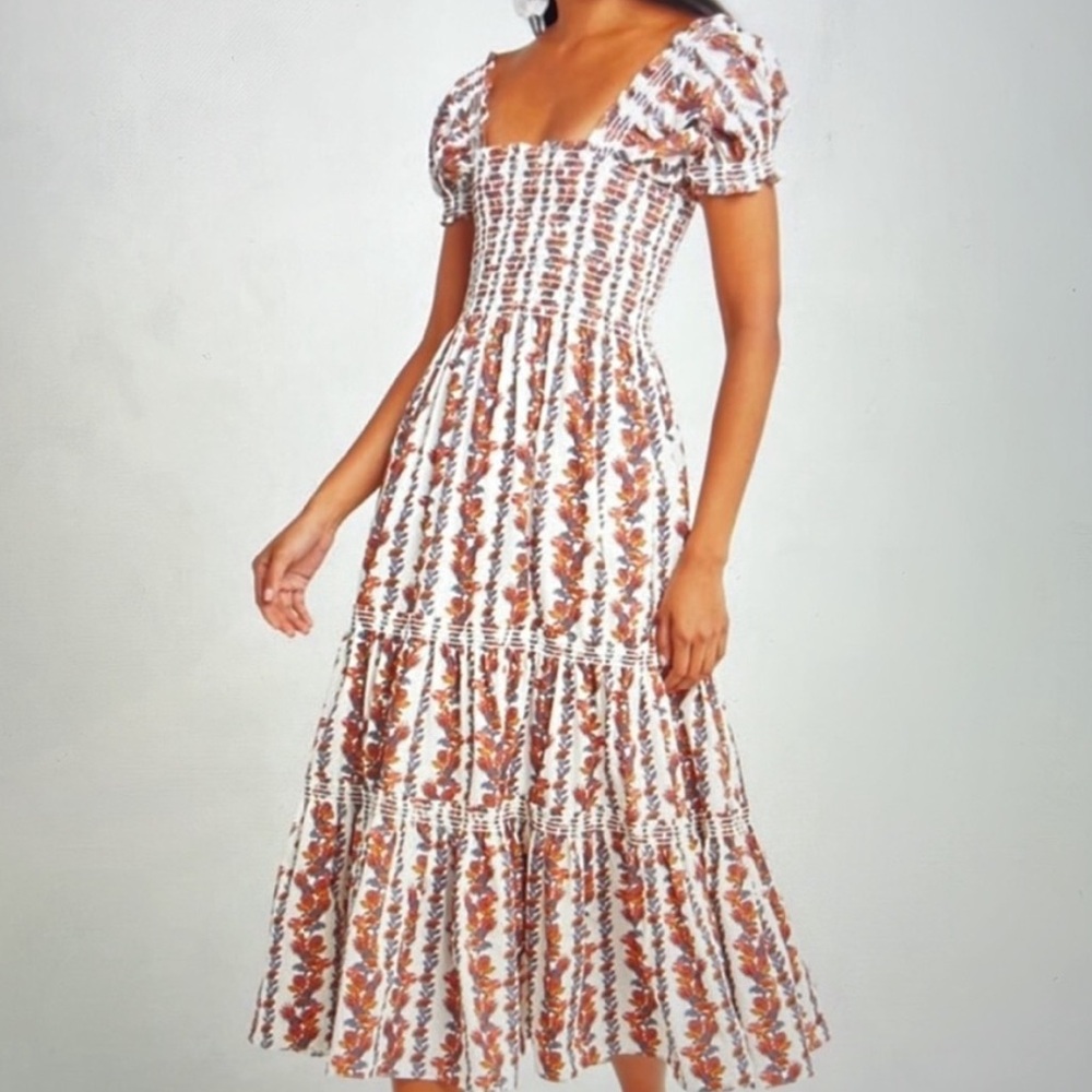 Smocked Puff-Sleeve Midi Dress in White & Brown Floral